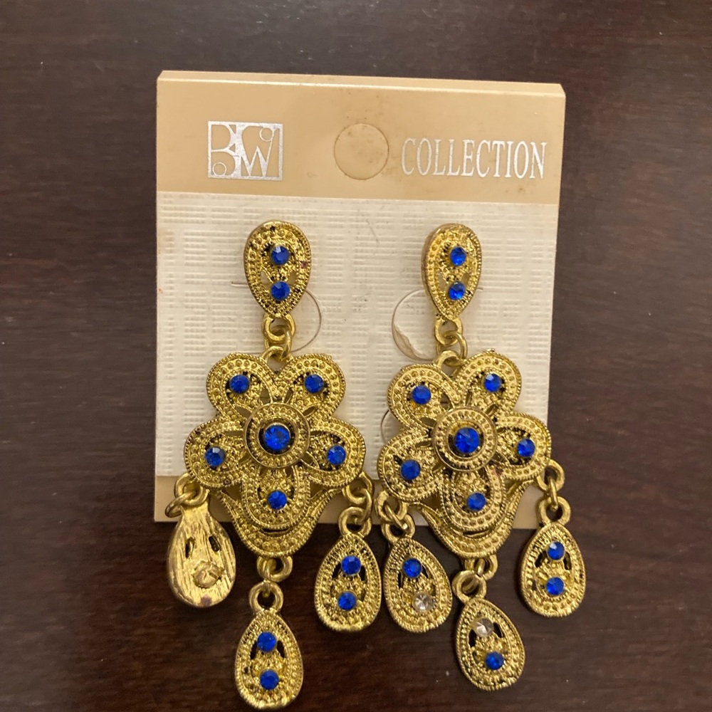 Gold and Blue Dangle Earrings